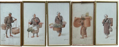 Lot 1347 - Tadashi Nakayama (Japanese 1927-2014) group of signed watercolours, market traders, 32cm x 16cm, in glazed frames (5)