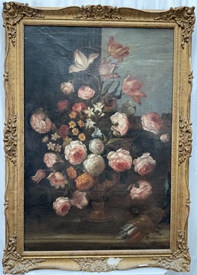 Lot 1353 - Continental School, 18th century, oil on canvas - Still Life Summer Flowers, 94cm x 63cm, in gilt frame