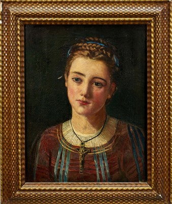 Lot 1270 - Victorian Art and Crafts School oil on canvas - portrait of a young lady, 46cm x 36cm, in gilt frame