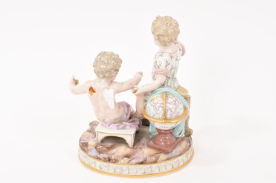 Lot 77 - 19th century Meissen figure group, an allegory of geometry, in the form of two cherubs with instruments, crossed swords and incised marks to base, 15.5cm high