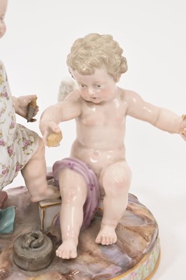 Lot 77 - 19th century Meissen figure group, an allegory of geometry, in the form of two cherubs with instruments, crossed swords and incised marks to base, 15.5cm high