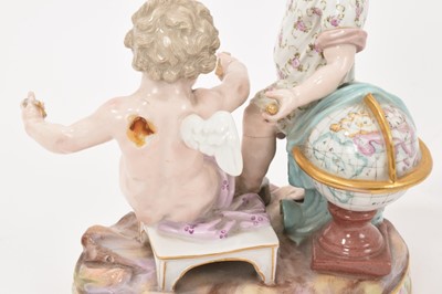 Lot 77 - 19th century Meissen figure group, an allegory of geometry, in the form of two cherubs with instruments, crossed swords and incised marks to base, 15.5cm high