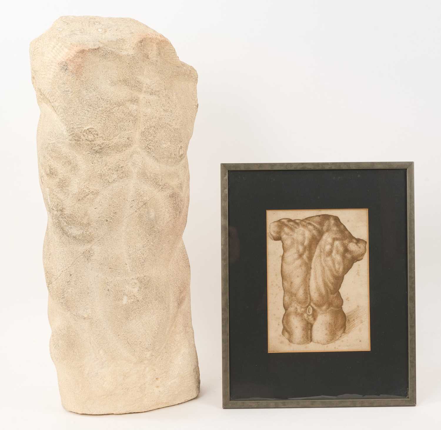 Lot 1070 - *Francis Plummer (1930-2019) carved stone sculpture - Male Torso, 60cm high, one of only two sculptures ever produced by Plummer. Together with a related pen and ink study, in glazed frame