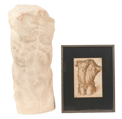 Lot 1397 - *Francis Plummer (1930-2019) carved stone sculpture - Male Torso, 60cm high, one of only two sculptures ever produced by Plummer. Together with a related pen and ink study, in glazed frame