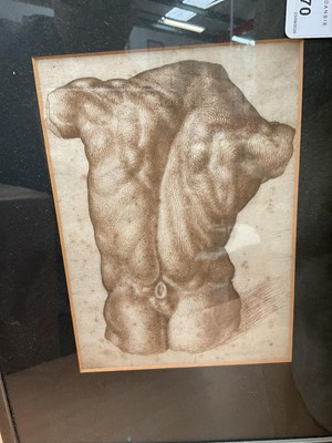 Lot 1070 - *Francis Plummer (1930-2019) carved stone sculpture - Male Torso, 60cm high, one of only two sculptures ever produced by Plummer. Together with a related pen and ink study, in glazed frame