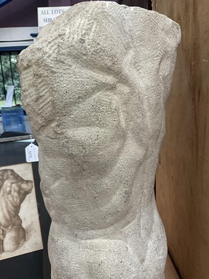 Lot 1070 - *Francis Plummer (1930-2019) carved stone sculpture - Male Torso, 60cm high, one of only two sculptures ever produced by Plummer. Together with a related pen and ink study, in glazed frame