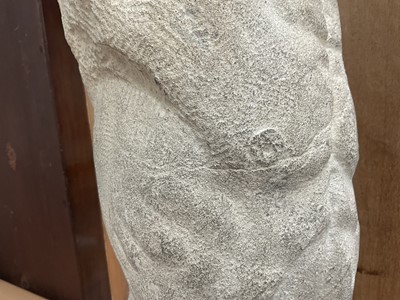 Lot 1070 - *Francis Plummer (1930-2019) carved stone sculpture - Male Torso, 60cm high, one of only two sculptures ever produced by Plummer. Together with a related pen and ink study, in glazed frame
