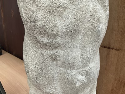 Lot 1070 - *Francis Plummer (1930-2019) carved stone sculpture - Male Torso, 60cm high, one of only two sculptures ever produced by Plummer. Together with a related pen and ink study, in glazed frame