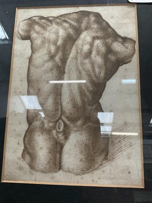 Lot 1070 - *Francis Plummer (1930-2019) carved stone sculpture - Male Torso, 60cm high, one of only two sculptures ever produced by Plummer. Together with a related pen and ink study, in glazed frame