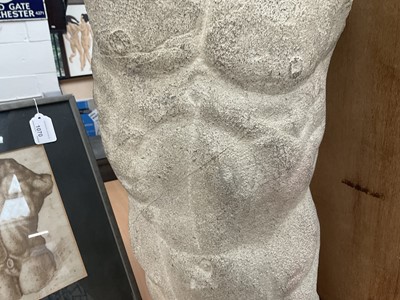 Lot 1070 - *Francis Plummer (1930-2019) carved stone sculpture - Male Torso, 60cm high, one of only two sculptures ever produced by Plummer. Together with a related pen and ink study, in glazed frame