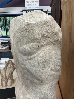 Lot 1070 - *Francis Plummer (1930-2019) carved stone sculpture - Male Torso, 60cm high, one of only two sculptures ever produced by Plummer. Together with a related pen and ink study, in glazed frame