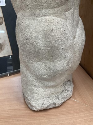 Lot 1070 - *Francis Plummer (1930-2019) carved stone sculpture - Male Torso, 60cm high, one of only two sculptures ever produced by Plummer. Together with a related pen and ink study, in glazed frame