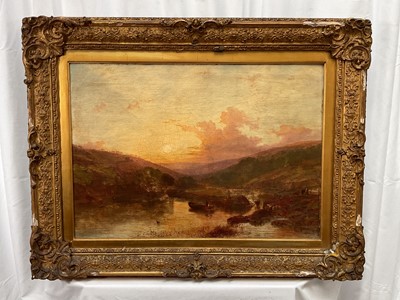 Lot 135 - 19th century English School oil on canvas, landscape with cattle and figures, 43cm x 61cm, in gilt frame