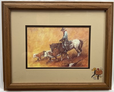 Lot 170 - William T Zivic (American, Arizona) signed print - Cowboy and cattle, dated '02, numbered 18/30, inscribed Tucson to mount, labels and dedication verso, 15cm x 22cm, glazed frame