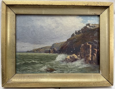 Lot 169 - Thomas Larbalestier (1861-1930) oil on canvas, Jersey Channel Islands, Rocky coastal scene, signed, 13cm x 18cm, framed