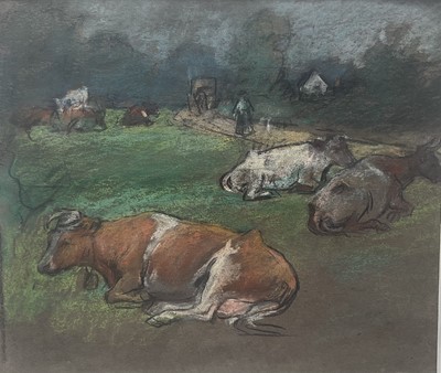 Lot 16 - Manner of Becker, pastel, Cattle Resting, 22cm x 26cm, with mount, unframed
