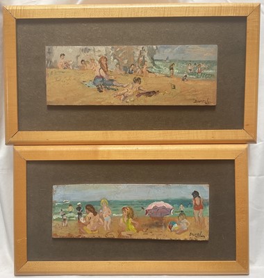 Lot 19 - Dorothy Duval (1917-2005) pair oils on board, signed, On the Beach at Broadstairs, approx 10cm x 28cm, framed