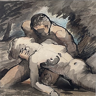 Lot 18 - Rowland Wright Alston (1897-1958) pen and ink and watercolour, Nude figures in a landscape, signed with monogram, dated '35, inscribed verso 'O Scholler, thou hast tasted now both honey and gal...