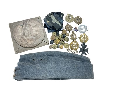Lot 693 - First World War Memorial (Death) plaque named to Leonard French, together with other militaria to include an RAF side cap, RAF ring and badges, (1 box).