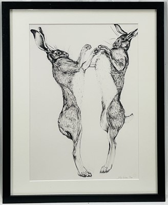Lot 12 - Jilly Cobbe, limited edition pencil signed print, March hares, 3/100, 42cm x 29cm, framed and glazed