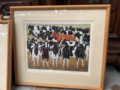 Lot 984 - Two signed limited edition prints of sheep and cows by Patrick Oxenham, together with two watercolours by Sue Spiers, one by Jack Burton, and a set of four prints