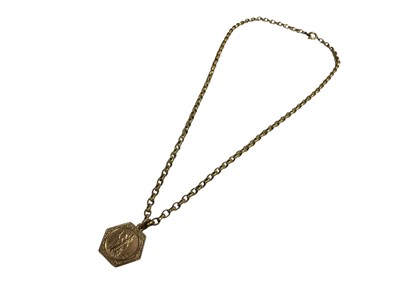 Lot 65 - 9ct gold St. Christopher pendant on gold plated chain, 43.5cm long