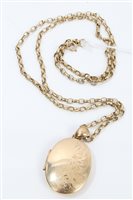 Lot 3215 - Gold (9ct) oval locket on gold (9ct) chain