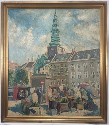 Lot 44 - Thorvald Nygaard (1892-1973) oil on canvas, street scene with statue of Bishop Absalon, Copenhagen, signed, 73cm x 63cm, framed
