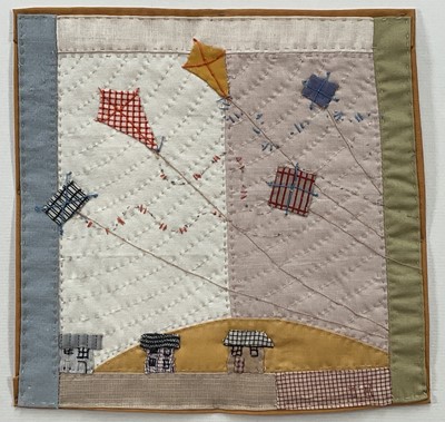 Lot 130 - Janet Bolton (b. 1942) textile picture, ‘Kites above the Hill’, 16cm x 16cm, in glazed frame