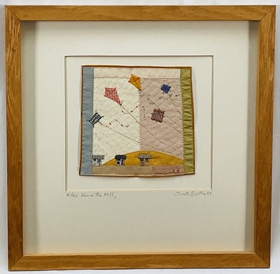 Lot 130 - Janet Bolton (b. 1942) textile picture, ‘Kites above the Hill’, 16cm x 16cm, in glazed frame