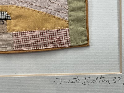 Lot 130 - Janet Bolton (b. 1942) textile picture, ‘Kites above the Hill’, 16cm x 16cm, in glazed frame