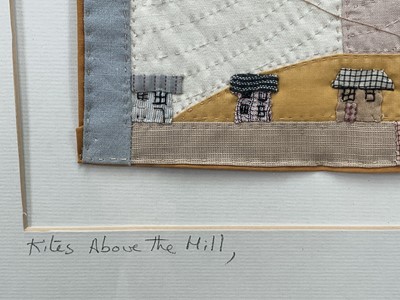 Lot 130 - Janet Bolton (b. 1942) textile picture, ‘Kites above the Hill’, 16cm x 16cm, in glazed frame