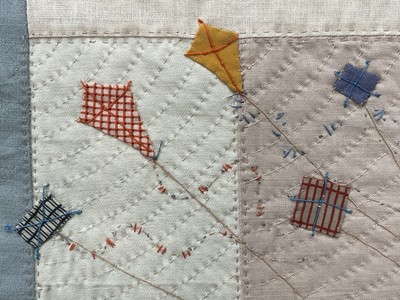 Lot 130 - Janet Bolton (b. 1942) textile picture, ‘Kites above the Hill’, 16cm x 16cm, in glazed frame