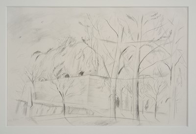 Lot 7 - Peter Allen, two works, pencil drawing of a corner of a churchyard, signed, 19cm x 29cm, circa 1985 and etching of Bonsor Mill, framed