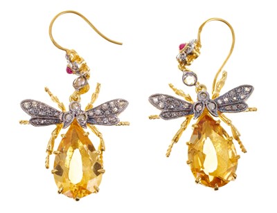 Lot 467 - A pair of citrine, diamond and ruby insect pendant earrings