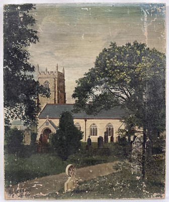 Lot 5 - 19th century English Naive School oil on canvas- view of Camborne Parish Church, Cornwall, signed C. Sykes? dated 99. 30.5 x 25.5cm overall.