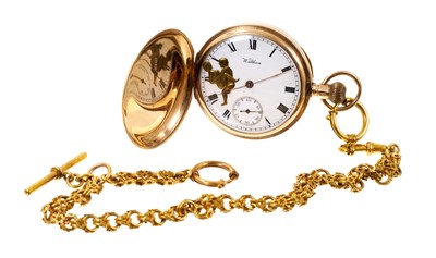 Lot 542 - Waltham 9ct gold full hunter pocket watch with erotic emblem to dial, on a gold plated chain