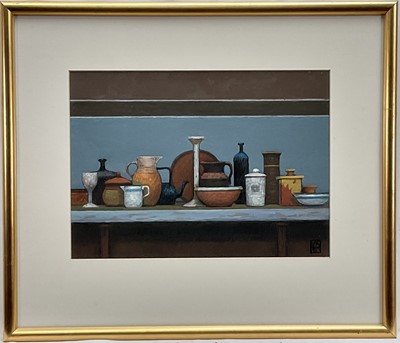 Lot 908 - Nicholas Simington (1930-2020) gouache and tempera - Still Life with Shelf, monogrammed, 23cm x 32cm, in glazed gilt frame Exhibited: Chappell Galleries 2004