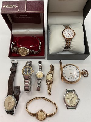 Lot 1035 - Group of vintage watches to include a Waltham gold plated pocket watch, 1950s gentlemens Baume Mercier stainless steel wristwatch on leather strap, 1950s Avia wristwatch, 1950s 9ct gold wristwat...