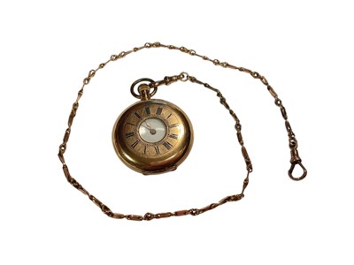 Lot 53 - Early 20th century gold half hunter fob watch in 14K gold case on a 9ct gold fancy link chain
