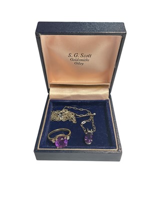 Lot 58 - Amethyst and diamond ring in handmade mount, by S. G. Scott, together with an amethyst and diamond pendant