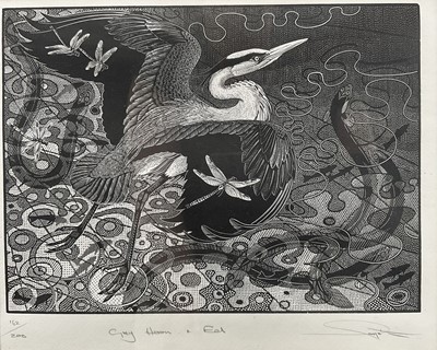 Lot 53 - Colin See-Paynton (1946-) wood engraving - Grey Heron and Eel, signed and titled in pencil, 162/200