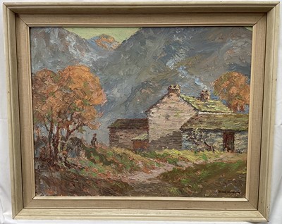 Lot 309 - Jack Martin, mid 20th century, oil on board, 'Lakeland Cottage', signed, artist's label verso, 40cm x 50cm, framed