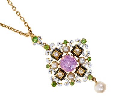 Lot 360 - Fine quality 19th century Renaissance Revival pink sapphire, pearl and diamond pendant / brooch in the style of Carlo Giuliano