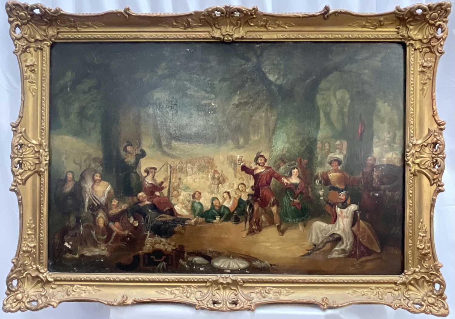 Lot 41 - After Daniel Maclise, oil on canvas, Robin Hood and his Merry Band with King Richard in a Woodland, 57cm x 87cm, in gilt frame