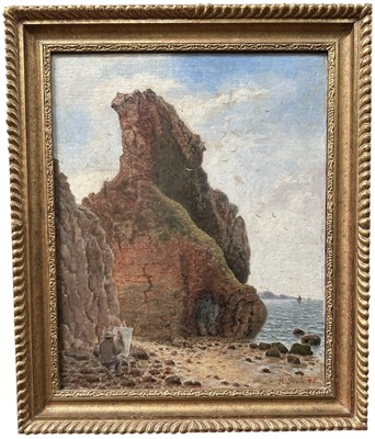 Lot 167 - R. Steele, oil on canvas, an artist at an easel on a beach painting a coastal feature, possibly part of a castle ruin, signed and dated 18(85)