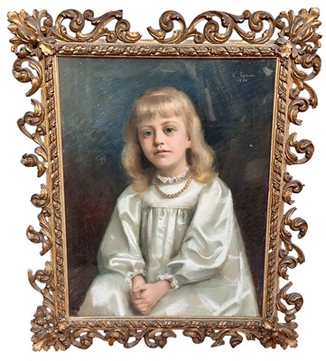 Lot 140 - E. Eyres, late Victorian English School pastel portrait of a little girl in white dress, signed and dated 1898, in ornate florentine gilt frame (losses)