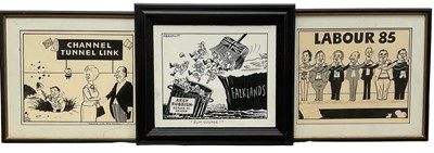 Lot 131 - Stanley Arthur Franklin (British 1930-2004) Three original 1980's cartoons for The Sun newspaper - Falklands, Channel Tunnel and Labour Conference, the largest 23cm x 29cm, glazed frames (3)