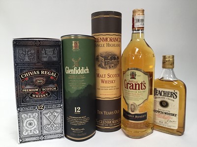 Lot 91 - Five bottles, whisky to include: Glenmorangie ten year old single malt, Grant's, Glenfiddich 12 years old, Chivas Regal and Teacher's