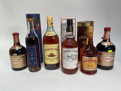 Lot 95 - Six bottles, Drambuie (x2), Southern Comfort, Royal Oak Rum, Comte de Lauvia Armagnac XO Imperial (lacking seal) and Soberano Brandy de Jerez